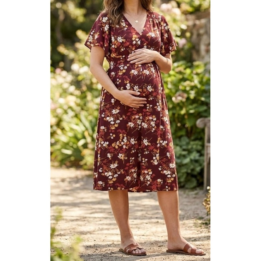 Isabel Maternity Burgundy Floral Flutter Sleeve Midi Dress M w/Tie-back Waist